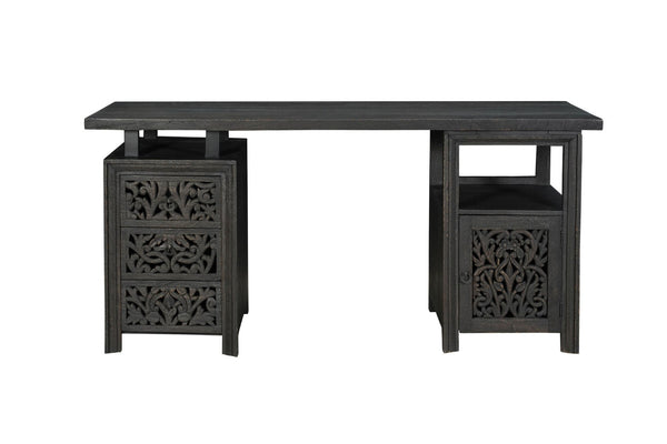 HomeRoots 68" Black Solid Wood Floral Carved Desk - Elegant, Durable, and Functional Workspace for Home Office 661245