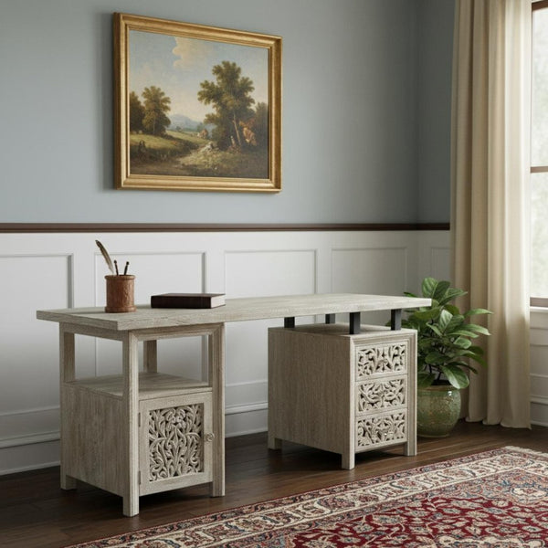 HomeRoots 68" White Solid Wood Floral Carved Desk with Metal Accents & Three Drawers for Home Office Elegance 661246