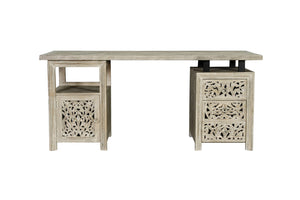 HomeRoots 68" White Solid Wood Floral Carved Desk with Metal Accents & Three Drawers for Home Office Elegance 661246