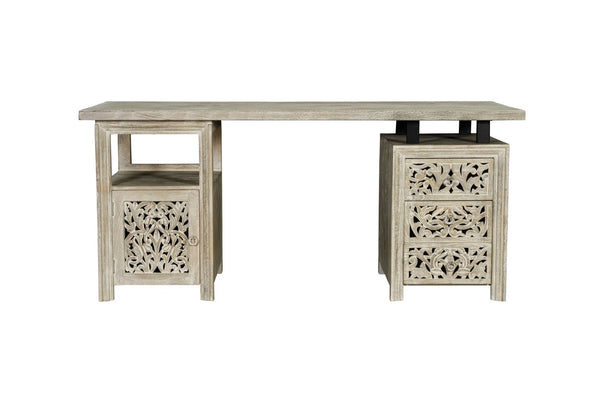 HomeRoots 68" White Solid Wood Floral Carved Desk with Metal Accents & Three Drawers for Home Office Elegance 661246