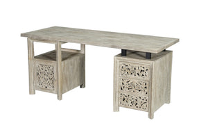 HomeRoots 68" White Solid Wood Floral Carved Desk with Metal Accents & Three Drawers for Home Office Elegance 661246