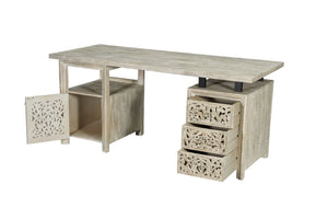 HomeRoots 68" White Solid Wood Floral Carved Desk with Metal Accents & Three Drawers for Home Office Elegance 661246