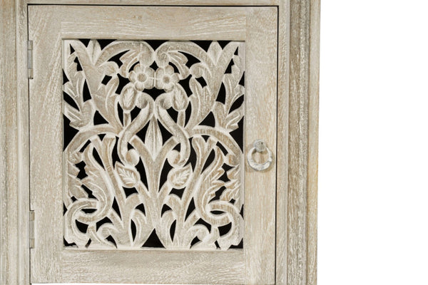 HomeRoots 68" White Solid Wood Floral Carved Desk with Metal Accents & Three Drawers for Home Office Elegance 661246