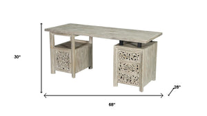HomeRoots 68" White Solid Wood Floral Carved Desk with Metal Accents & Three Drawers for Home Office Elegance 661246
