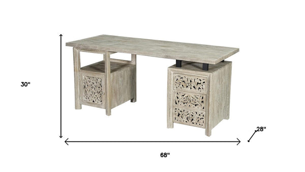 HomeRoots 68" White Solid Wood Floral Carved Desk with Metal Accents & Three Drawers for Home Office Elegance 661246
