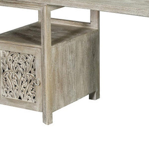 HomeRoots 68" White Solid Wood Floral Carved Desk with Metal Accents & Three Drawers for Home Office Elegance 661246