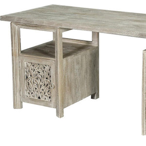 HomeRoots 68" White Solid Wood Floral Carved Desk with Metal Accents & Three Drawers for Home Office Elegance 661246