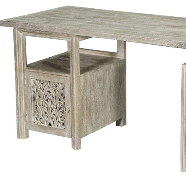 HomeRoots 68" White Solid Wood Floral Carved Desk with Metal Accents & Three Drawers for Home Office Elegance 661246