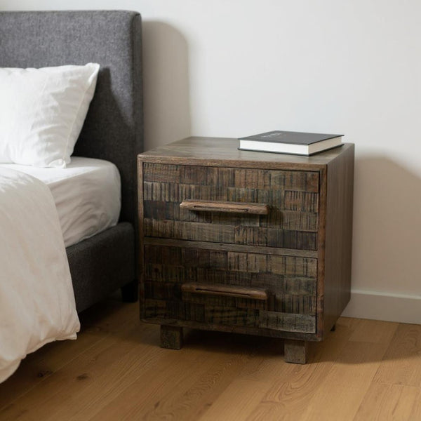 HomeRoots 26" Brown Solid Wood Carved Geometric Nightstand - Stylish Two Drawer Accent Table with Unique Charm 661247