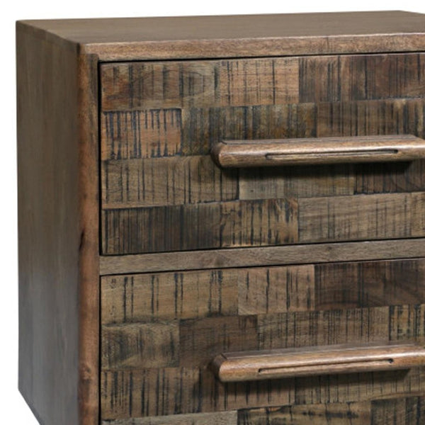 HomeRoots 26" Brown Solid Wood Carved Geometric Nightstand - Stylish Two Drawer Accent Table with Unique Charm 661247