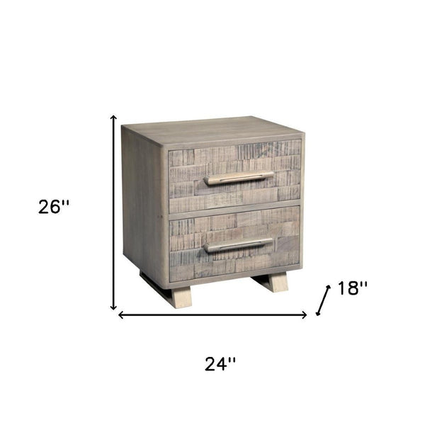 HomeRoots 26" Gray Solid Wood Nightstand with Geometric Carved Drawers - Modern Versatile Storage Solution 661248