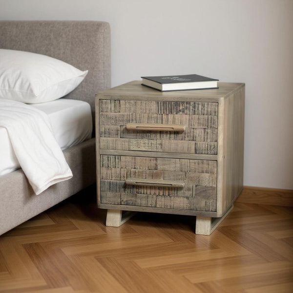 HomeRoots 26" Gray Solid Wood Nightstand with Geometric Carved Drawers - Modern Versatile Storage Solution 661248