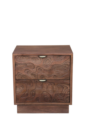 HomeRoots 26" Brown Solid Wood Nightstand with Abstract Carved Drawers - Stylish Storage & Versatile Design 661249