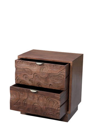 HomeRoots 26" Brown Solid Wood Nightstand with Abstract Carved Drawers - Stylish Storage & Versatile Design 661249