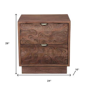 HomeRoots 26" Brown Solid Wood Nightstand with Abstract Carved Drawers - Stylish Storage & Versatile Design 661249