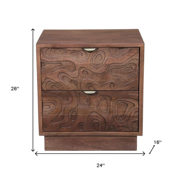 HomeRoots 26" Brown Solid Wood Nightstand with Abstract Carved Drawers - Stylish Storage & Versatile Design 661249