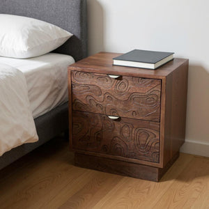 HomeRoots 26" Brown Solid Wood Nightstand with Abstract Carved Drawers - Stylish Storage & Versatile Design 661249
