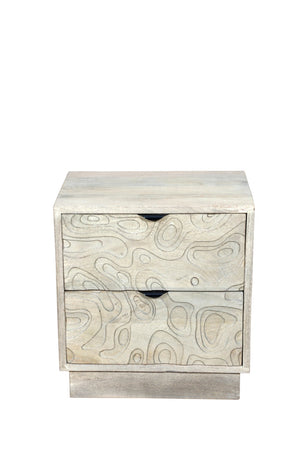 HomeRoots 26" Gray Solid Wood Carved Nightstand with Two Drawers - Artisanal Design for Stylish Storage Solutions 661250