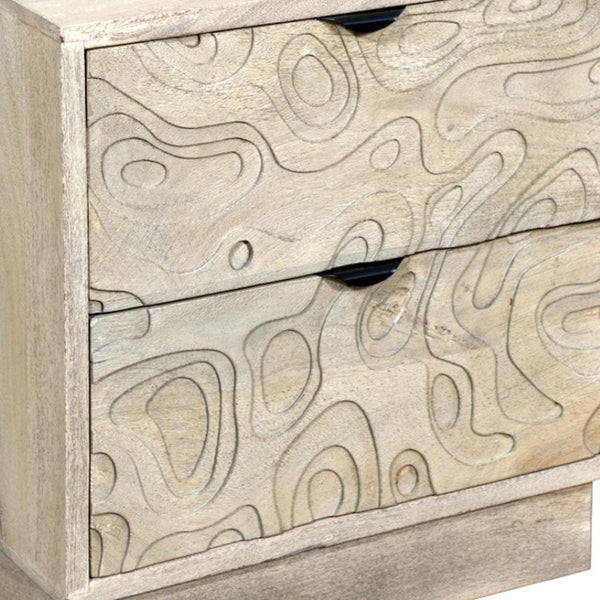 HomeRoots 26" Gray Solid Wood Carved Nightstand with Two Drawers - Artisanal Design for Stylish Storage Solutions 661250