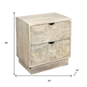 HomeRoots 26" Gray Solid Wood Carved Nightstand with Two Drawers - Artisanal Design for Stylish Storage Solutions 661250