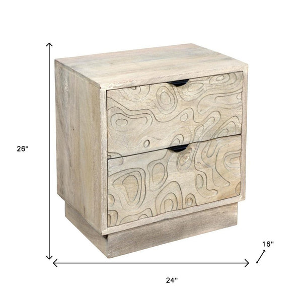 HomeRoots 26" Gray Solid Wood Carved Nightstand with Two Drawers - Artisanal Design for Stylish Storage Solutions 661250