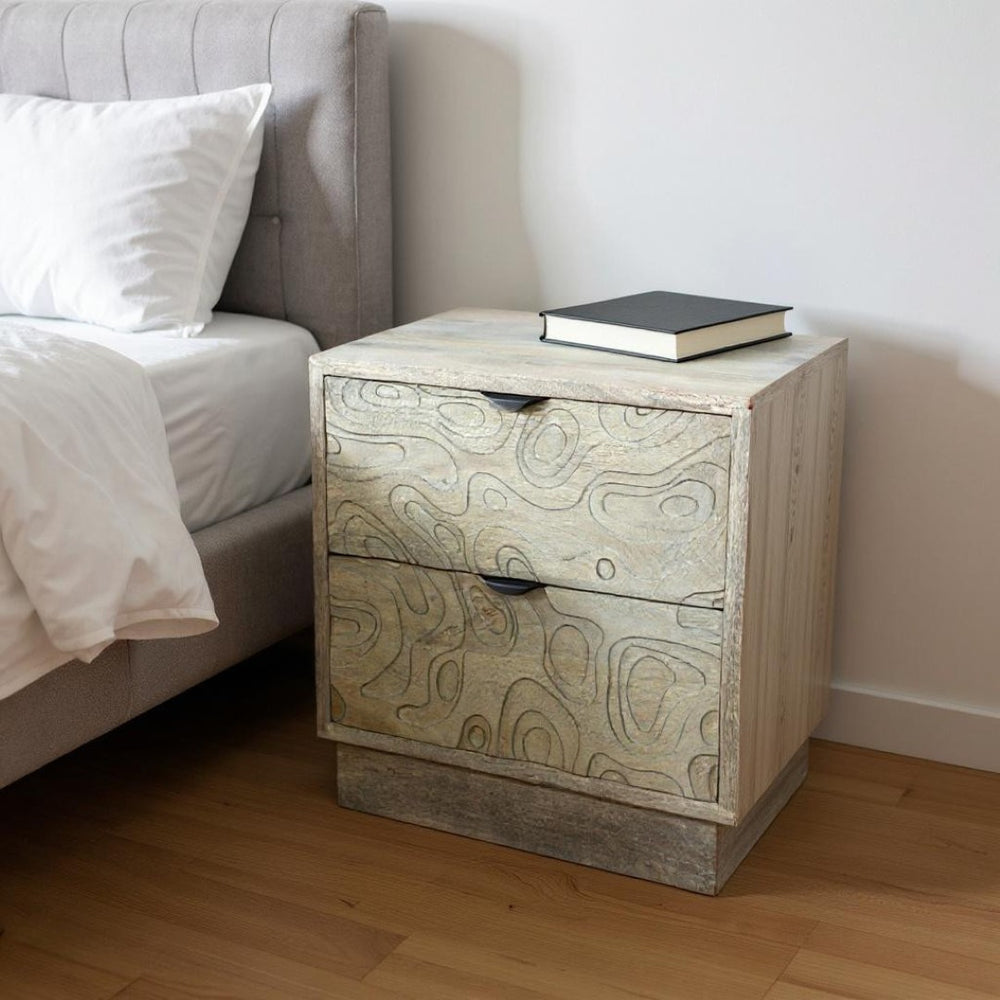 HomeRoots 26" Gray Solid Wood Carved Nightstand with Two Drawers - Artisanal Design for Stylish Storage Solutions 661250
