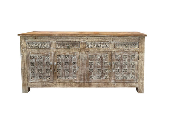 HomeRoots 74" Handcrafted Distressed Solid Wood Floral Carved Sideboard - Versatile Storage for Any Room 661253