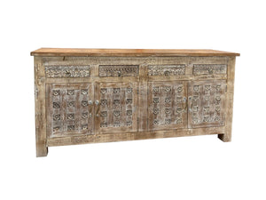 HomeRoots 74" Handcrafted Distressed Solid Wood Floral Carved Sideboard - Versatile Storage for Any Room 661253