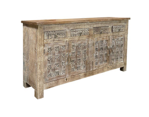 HomeRoots 74" Handcrafted Distressed Solid Wood Floral Carved Sideboard - Versatile Storage for Any Room 661253