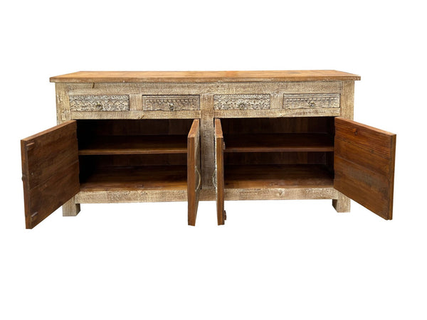 HomeRoots 74" Handcrafted Distressed Solid Wood Floral Carved Sideboard - Versatile Storage for Any Room 661253