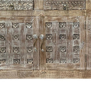 HomeRoots 74" Handcrafted Distressed Solid Wood Floral Carved Sideboard - Versatile Storage for Any Room 661253
