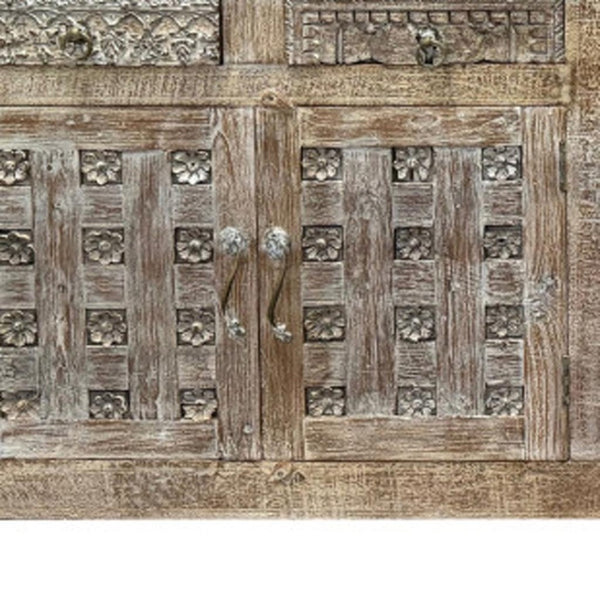 HomeRoots 74" Handcrafted Distressed Solid Wood Floral Carved Sideboard - Versatile Storage for Any Room 661253