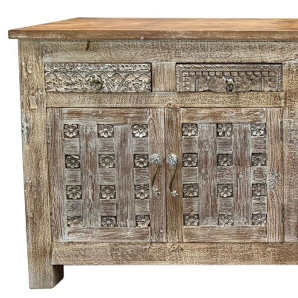 HomeRoots 74" Handcrafted Distressed Solid Wood Floral Carved Sideboard - Versatile Storage for Any Room 661253