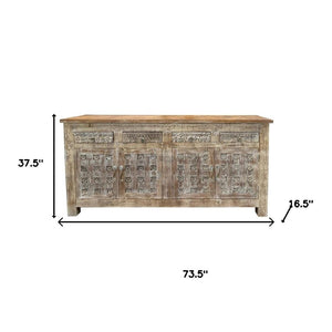 HomeRoots 74" Handcrafted Distressed Solid Wood Floral Carved Sideboard - Versatile Storage for Any Room 661253