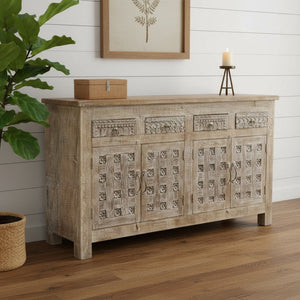 HomeRoots 74" Handcrafted Distressed Solid Wood Floral Carved Sideboard - Versatile Storage for Any Room 661253