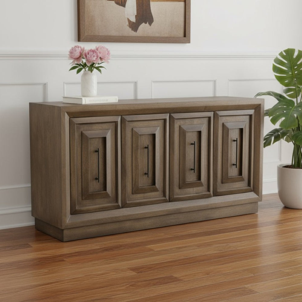 HomeRoots 78" Brown Solid Wood Carved Geometric Sideboard - Elegant Storage Solution for Any Room Design 661254