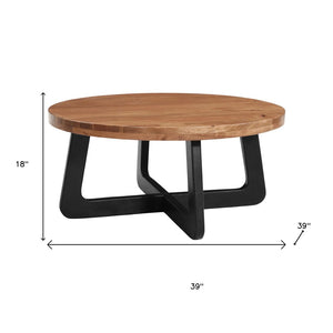 HomeRoots 39" Handcrafted Rustic Round Coffee Table with Solid Wood Top & Sturdy Black Iron Cross Legs 661258
