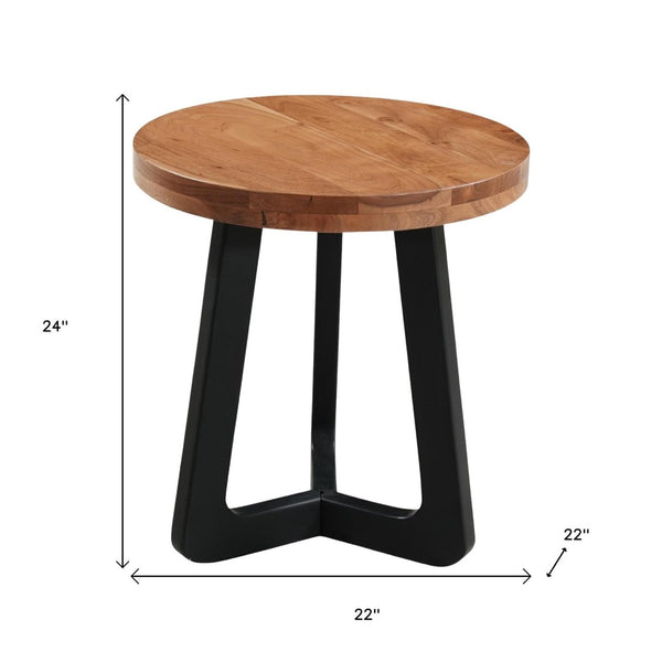 HomeRoots 24" Rustic Brown Acacia Wood Round End Table with Black Iron Cross Legs – Unique Accent Piece 661260