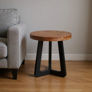 HomeRoots 24" Rustic Brown Acacia Wood Round End Table with Black Iron Cross Legs – Unique Accent Piece 661260