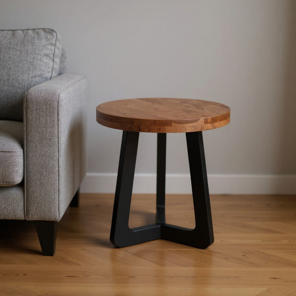 HomeRoots 24" Rustic Brown Acacia Wood Round End Table with Black Iron Cross Legs – Unique Accent Piece 661260