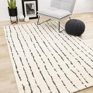 HomeRoots 5' Cream and Black Striped Area Rug - Plush, Durable, Modern Design for Cozy Living Spaces 5' X 8' 661269