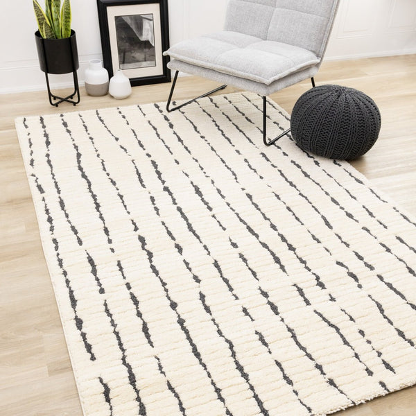 HomeRoots 5' Cream and Black Striped Area Rug - Plush, Durable, Modern Design for Cozy Living Spaces 5' X 8' 661269