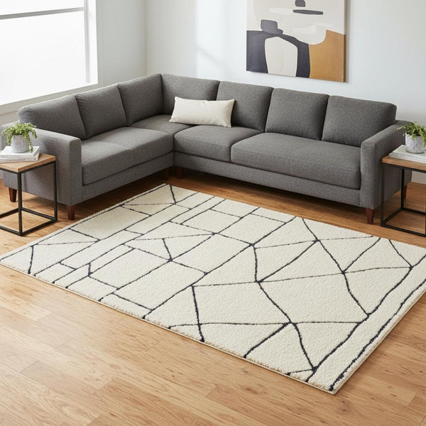 HomeRoots 5' Cream and Black Geometric Area Rug - Soft, Durable, and Stylish Design for Modern Living Spaces 7' X 10' 661272