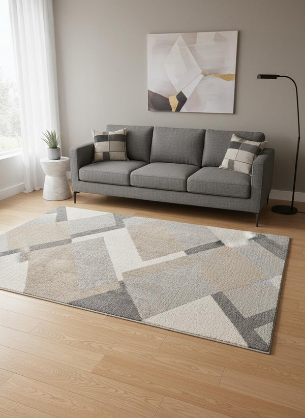 HomeRoots 5' Modern Geometric Area Rug in Gray, Cream & Tan - Soft, Durable, Stain-Resistant for Any Space 5' X 8' 661276