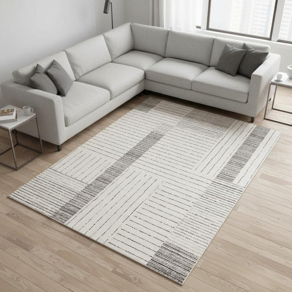 HomeRoots 5' Ivory and Black Striped Area Rug - Durable, Soft, and Stylish Accent for Modern Homes and Spaces 8' X 11' 661279