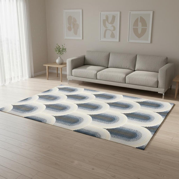 HomeRoots 5' Modern Cream and Blue Geometric Area Rug - Durable, Stylish, and Stain-Resistant Floor Covering 5' X 8' 661282