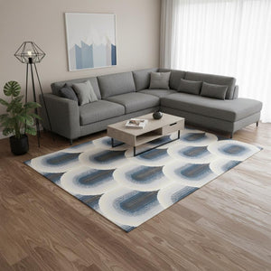 HomeRoots 5' Modern Cream and Blue Geometric Area Rug - Durable, Stylish, and Stain-Resistant Floor Covering 8' X 11' 661283