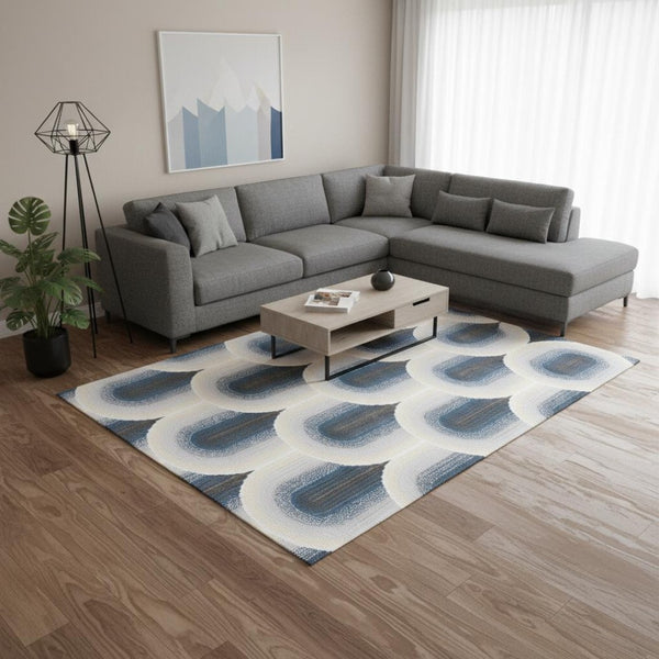 HomeRoots 5' Modern Cream and Blue Geometric Area Rug - Durable, Stylish, and Stain-Resistant Floor Covering 8' X 11' 661283