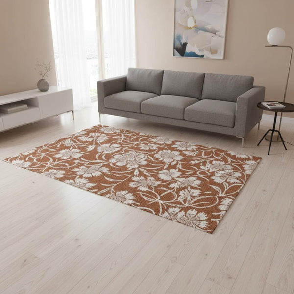 HomeRoots 5' Orange and White Botanical Leaves Area Rug - Stylish, Durable, Stain-Resistant for Modern Homes 5' X 8' 661295