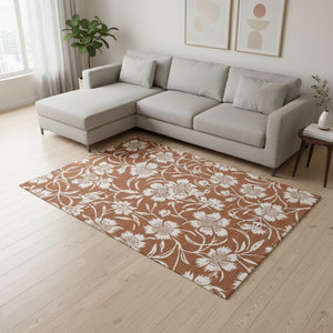 HomeRoots 5' Orange and White Botanical Leaves Area Rug - Stylish, Durable, Stain-Resistant for Modern Homes 7' X 10' 661296